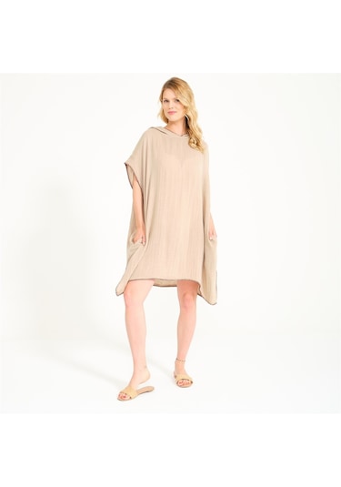 Miespiga Unisex Müslin Kapüşonlu Surf Yetişkin Panço-Bej-Standart Bej