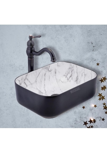 Boheme Scope 50 Cm Mat Siyah Calacatta Tezgah Üstü Çanak Lavabo Şık Tasarım Krom