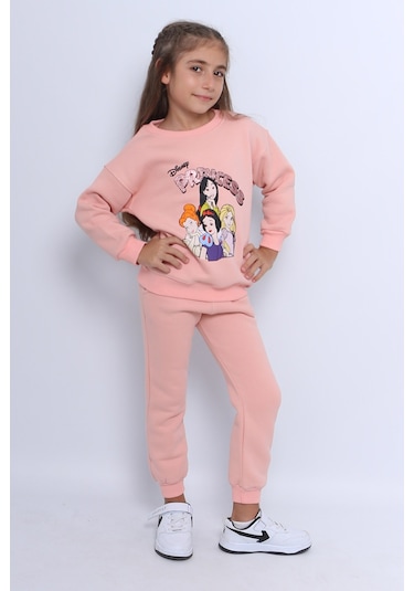 Kız Çocuk 3 İplik Eşofman Takımı Princess Baskılı E3 Somon