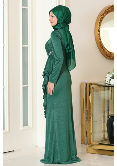 Parıltılı Fırfır Detaylı Zühre Tesettür Abiye Zümrüt