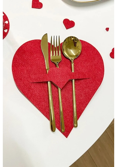 Çiftler İçin Sevgililer Günü, Özel Gün Kalp Desenli Keçe Supla Seti - Romantik Set Kırmızı