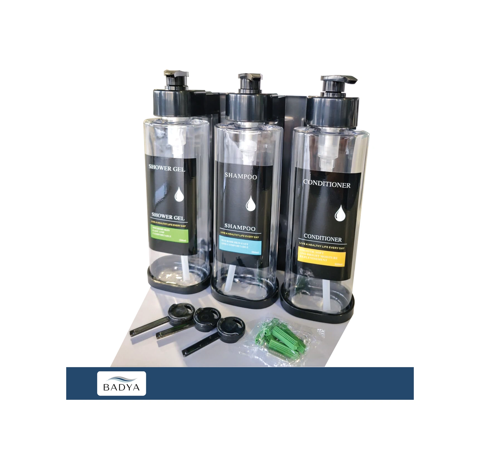 Otel Tipi 3'lü Sıvı Sabunluk Şampuanlık T.443 Şeffaf