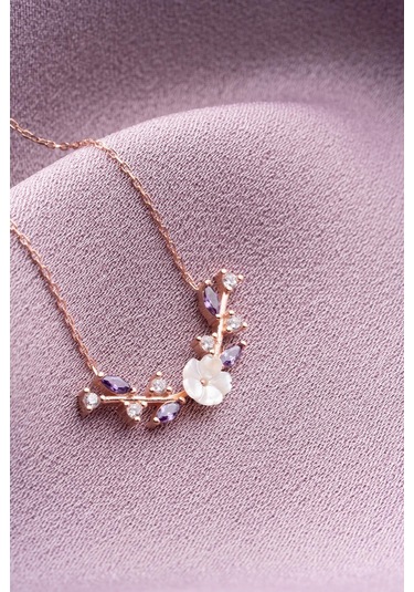 Nereze 925 Ayar Gümüş Mor Taşlı Manolya Çiçeği Zeytin Dalı Model Kolye