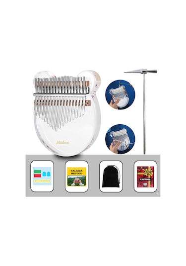 Midex Klx-6000 Şeffaf Cam Kalimba Paslanmaz Çelik 17 Tuşlu Çekiç Çanta Metod Full Set