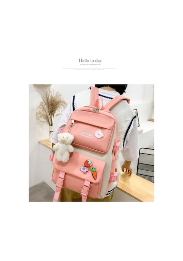 Aromee 5 Parça Set Kadın Laptop Sırt Çantası Tuval Okul Çantaları - Turuncu