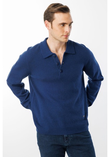 Erkek Polo Yaka Basic Yün Kazak İndigo İndigo