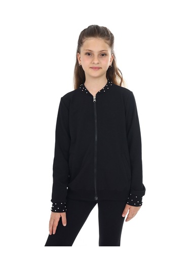 Toontoy Kız Çocuk Kolej Yaka Fermuarlı Cepli Boncuk İşlemeli Örme Hırka - 2 İplik Siyah