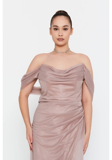 Doridorca Kadın Büyük Beden Düşük Kollu Uzun Abiye Elbise 6149 Y.vizon Y.vizon