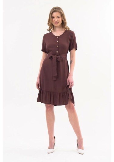 Apsen Kadın Elbise Kahve Renk Önden Düğme Detaylı Yazlık Midi Elbise 4437-105 Kahverengi