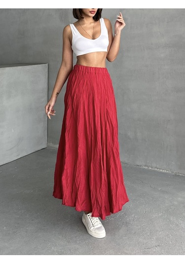 Kadın Buruşuk Modal Dokulu Soft Uzun Etek Kırmızı Kadın Buruşuk Modal Dokulu Soft Uzun Etek Kırmızı