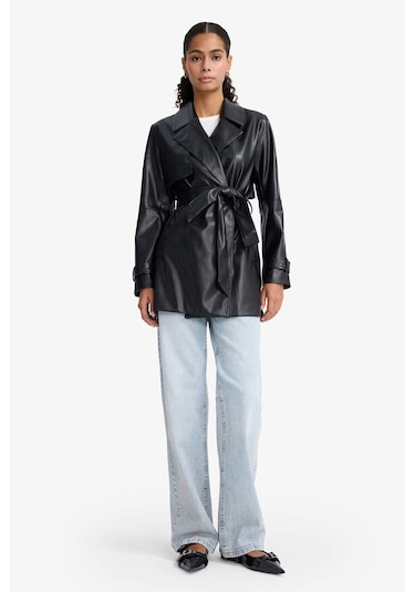 Defacto Regular Fit Kemerli Cepli Suni Deri Kısa Trençkot E8596ax25aubk27 Siyah