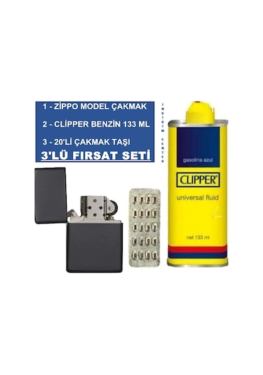 Zippo Siyah Çakmak + Clipper Benzin 133 Ml + 20 Li Çakmak Taşı