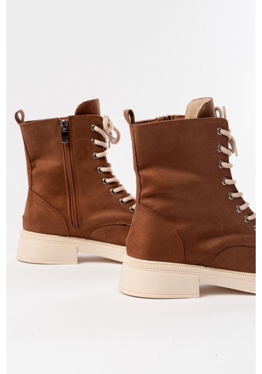 02-356 Taba Süet Düz Topuklu Bağcıklı Fermuarlı Günlük Kadın Bot Beyaz