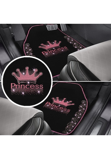 Işıltıya Hazır Ol, Bu Yol Senin Pembe Taşlı Prenses Taç Desenli 5 Li Nakışlı Oto Halı Paspas Seti