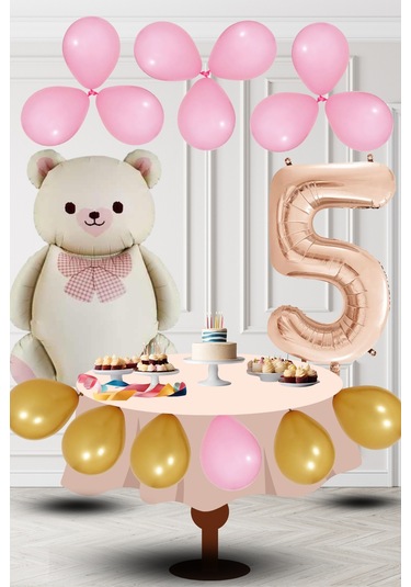 5 Yaş Retro Folyo Krem Ayıcık Pembe Gold Balon Rose Gold Rakam Doğum Günü Süsleme KREM