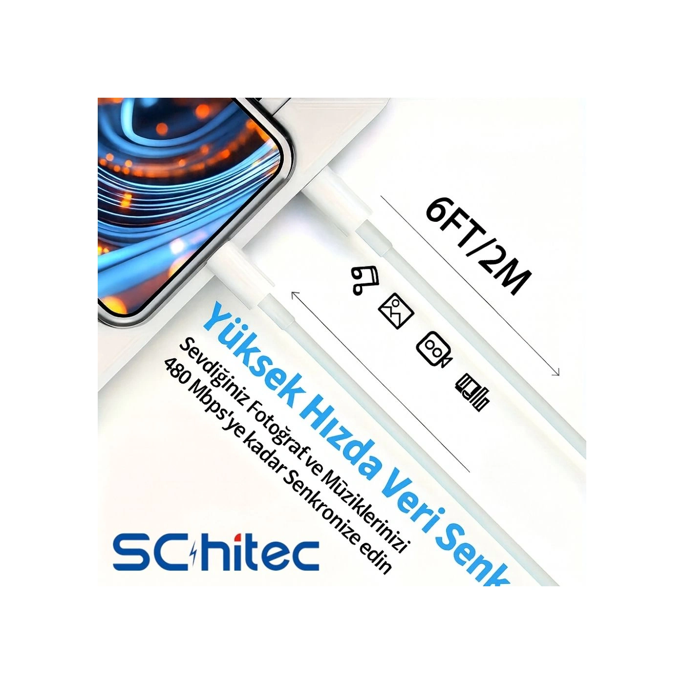 Schitec 6a 100w Type-c To Lightning Hızlı Data Ve Şarj Kablosu 2 Metre Beyaz Sx21