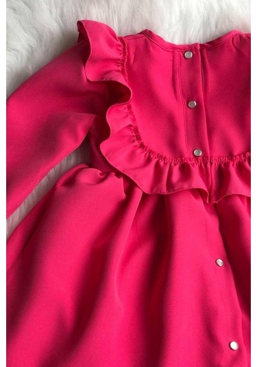 Fırfır Ve Kurdele Detaylı Tasarım Şeker Pembe Kız Çocuk Bebek Elbise 001