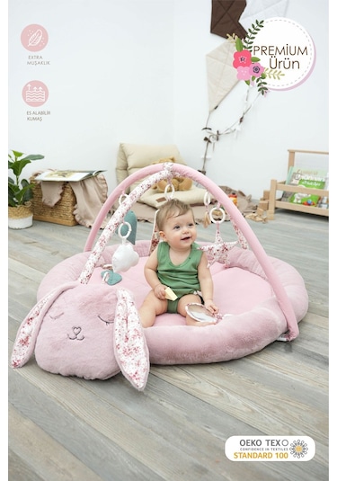 Mordesign Bebek Oyun Alanı, Tavşanlı Bebek Aktivite Matı, Güvenli Ve Yumuşak Oyun Matı, Baby Gym Serisi, Pudra