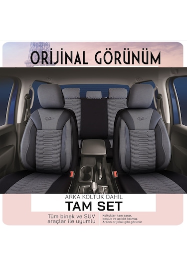 Panda Paris Serisi Pike Kumaş Oto Koltuk Kılıfı Tam Set Siyah - Gri
