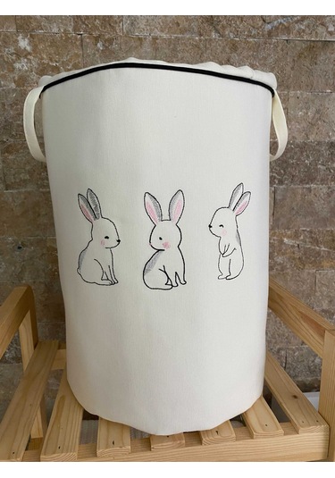 Hs Hometex Tavşan Nakışlı Bez Kirli & Oyuncak Sepeti Krem