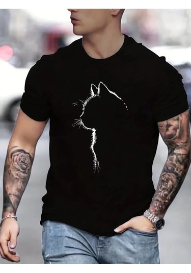 Guılan Erkek %100 Pamuk Yazlık Spor Tişört - Kedi Desenli Rahat Yuvarlak Boyun Kısa Kollublack Black