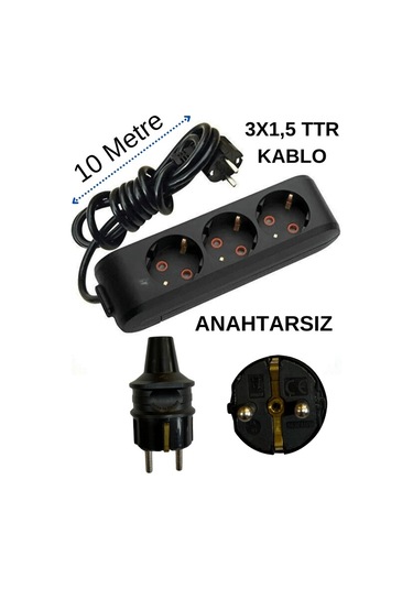 Avarson 3'lü Üçlü Priz Topraklı Kablolu Siyah 3x1,5 Ttr 10 On Metre