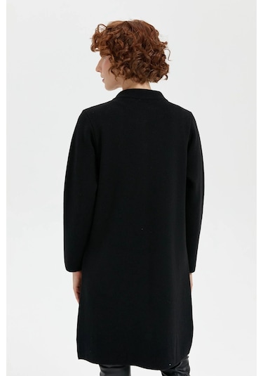 Desen Triko Kadın Dik Yaka Cebi İşlemeli Uzun Yün Kaban 24012 Siyah Siyah