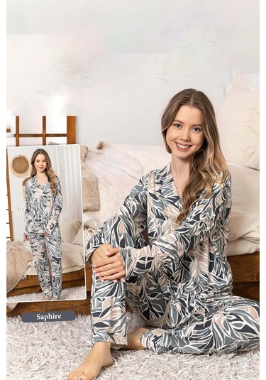 Kadın Yaprak Desen Düğmeli Saphire Pijama Takımı 0377 Gri Gri