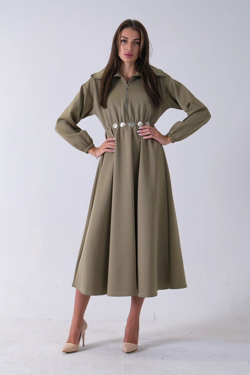 Feminist Haki Yaka Fermuar Detaylı Bel Ve Bileği Lastikli Kemerli Scuba Elbise 4593455.23 Haki