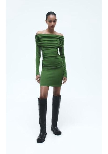 Kadın Madonna Mendil Yaka Fırsat Ürün Büzgülü Mini Elbise Yeşil
