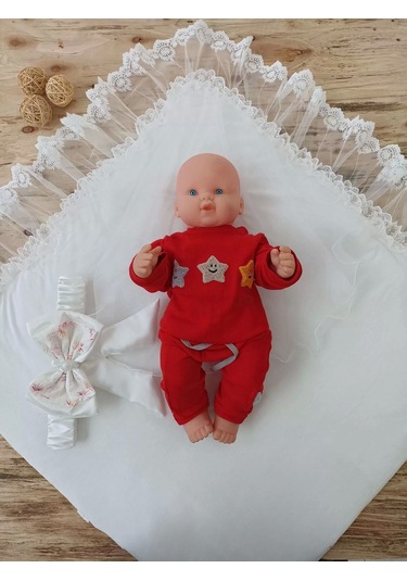 Yenidoğan Hanımeli Desenli Taç Nakışlı Delüks Kundak Bebek Battaniyesi Ekru Ekru