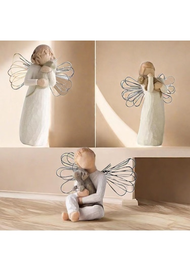 Söğüt Reçine Taklit Ahşap Oyma Dostluk Melek Heykeli Reçine El Sanatları Ev Dekorasyonu Çift Süsü Ayakta Duran Ve Bir Kedi Tutan