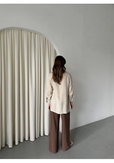 Natural %100 Pamuk Çapraz Düğmeli Beli Kemerli Gömlek Natürel