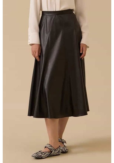 Kadın Suni Deri Kloş Etek - Siyah Siyah