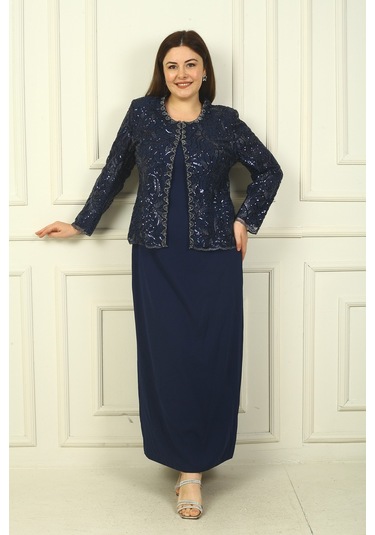 Kadın Pul İşlemeli Boncuk Detaylı Tül Ceket Yarım Ay Kollu Uzun Elbise Astarlı Krep Büyük Beden 2'li Takım Lacivert