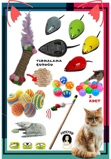 7'li Set : Çek Bırak Fare , Sarma Top , Olta , 2'li Mini Top , Çıngıraklı Top , Tırmalama Çubuğu
