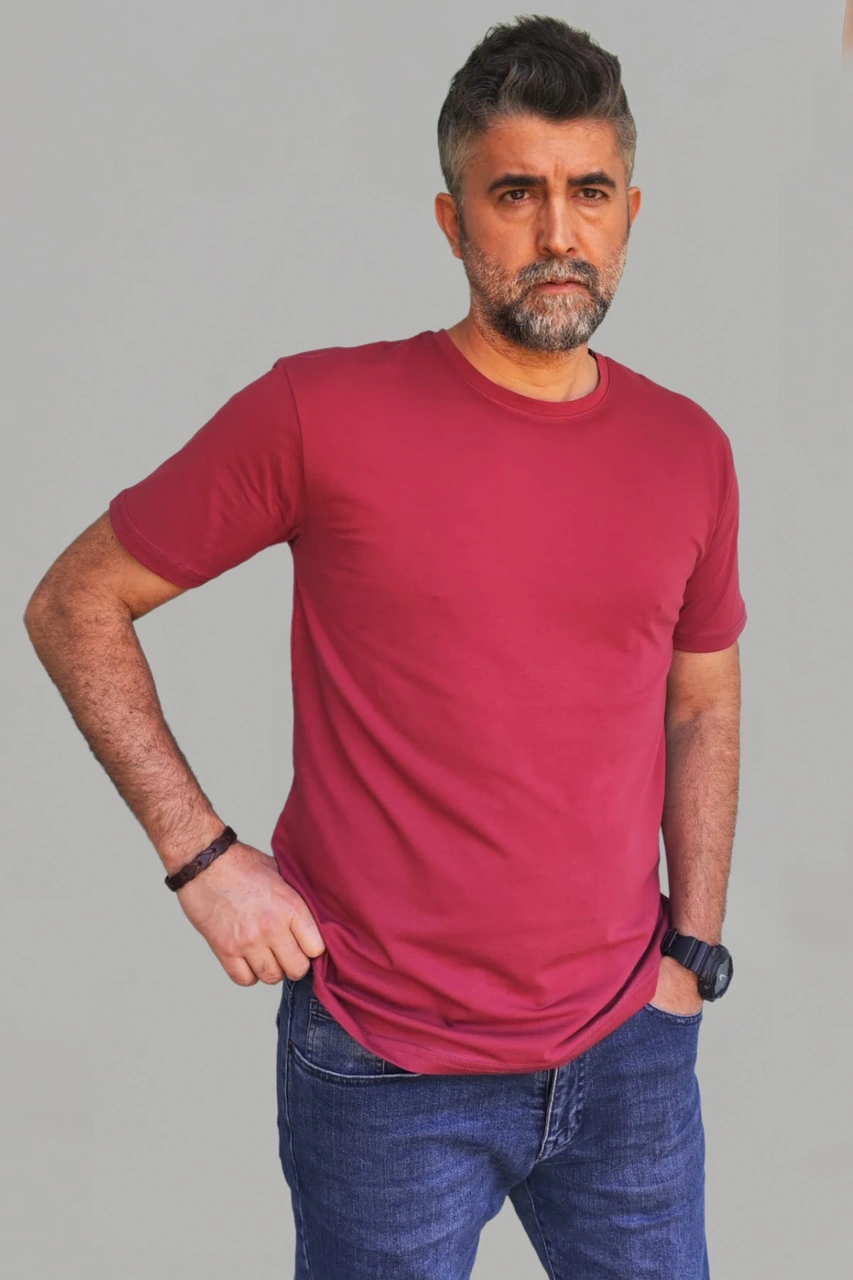 Erkek Bordo Slim Fit Bisiklet Yaka Pamuk Elastan Basic Tişört Vk-erkektişört-tekli Bordo