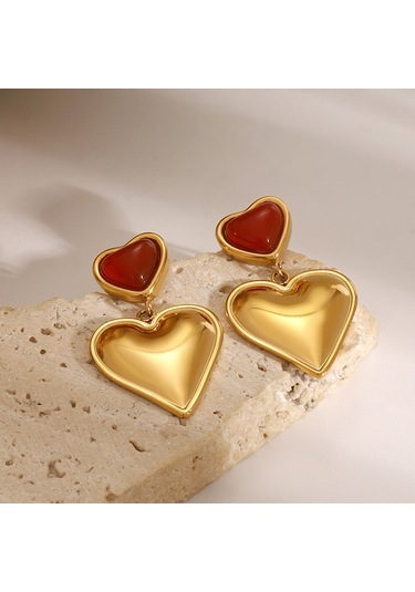 Paslanmaz Çelik Kırmızı Akik Kalp Küpeler Üst Düzey Niş Hafif Lüks Küpeler Titanyum Çelik Kulak Takısı Diğer