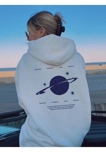 Saturn Cosmos %100 Pamuk Sweatshirt - Beyaz Baskılı Oversize Kışlık İçi Polarlı Kapüşonlu Beyaz