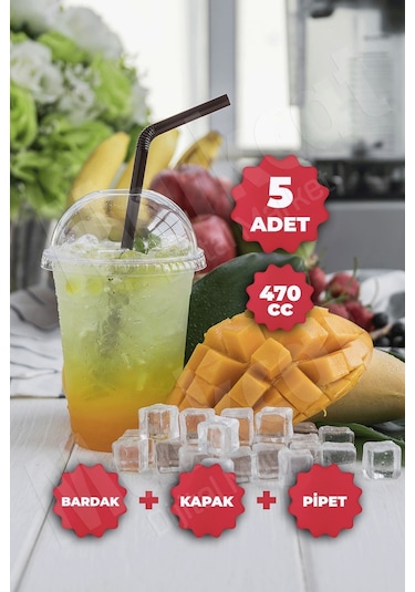 Plastik Milkshake Bardağı + Kapak + Pipet 16 Oz 470 Cc - 5 Adet