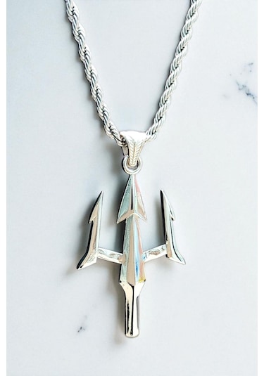 Ak Store Silver Gümüş Kaplama Krom-Çelik Erkek Kolye Madalyon Poseidon Mızrak Gümüş