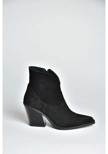 Fox Shoes V654081902 Siyah Hakiki Deri Süet Kalın Topuklu Western Kovboy Kadın Bot Siyah