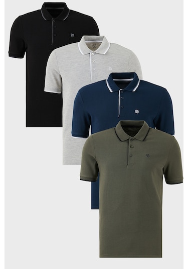 Buratti Pamuklu Slim Fit Şerit Detaylı Düğmeli Polo Yaka 4'Lü Paket Erkek T Shirt 5902118S4 Siyah-Gri Melanj-Haki-Indigo