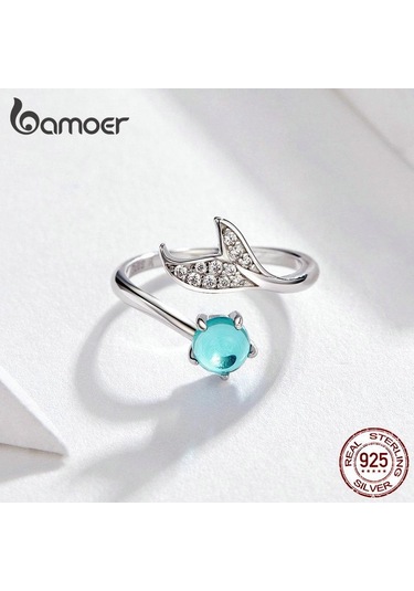 Bamoer Denizkızı Yüzük 925 Ayar Gümüş Mavi Okyanus Taş Gözyaşı Balık Kuyruğu Yüzükler
