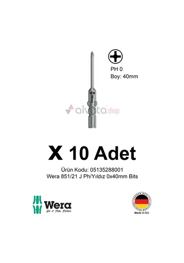 Alveta Wera 851/21 J Ph0 X 40mm Tornavida Ucu 10 Adet Yıldız Vidalama Bits Seti Hassas Seri