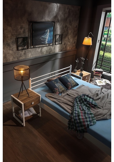 Manyas Çift Kişilik Ferforje Metal Karyola-beyaz Ahşap Latalı