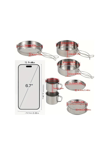 Tcherchi Açık Hava Saksıları Yürüyüş ve Kamp Malzemeleri, Portatif Kombinasyon Seti 8 Parça Gri