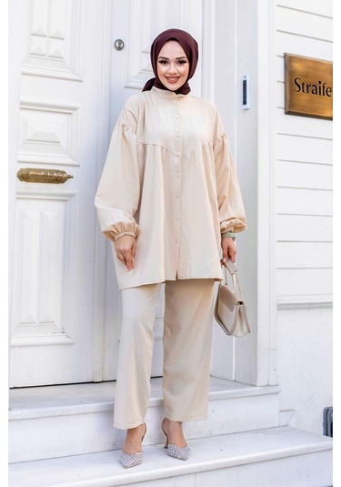 Balon Kol Tesettür Bej Takım Bej