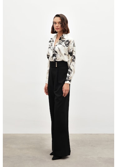 Sateen Bel Detaylı Pantolon - Siyah