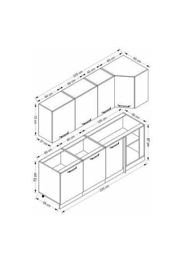 Minar 225cm Köşe Mutfak Dolabı - Beyaz/dore K225-d1